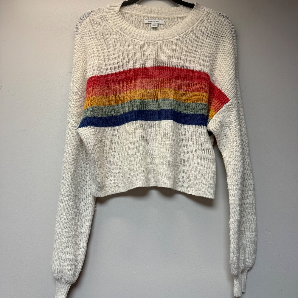 American Eagle Sweater Womens Medium Cream Rainbow Stripe Excellent Cropped Boho